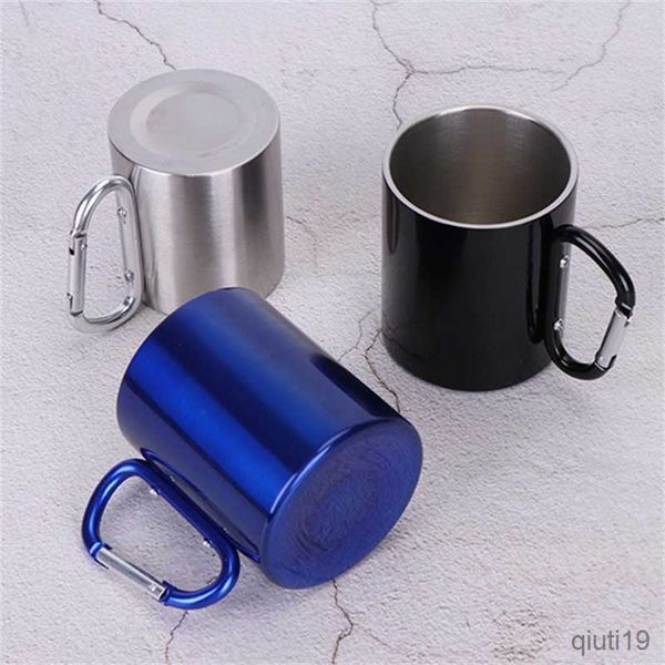 Tazze 220 / 300ml Outdoor Camping Travel Tazza in acciaio inossidabile Moschettone Manico a gancio Picnic Tazza da acqua Tazze portatili da viaggio all'aperto R230712