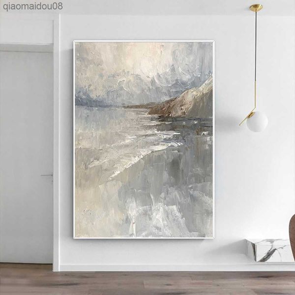 Dipinto ad olio giallo grigio su tela Paesaggio astratto fatto a mano Olio spesso Wall Art Dipinto a mano Dipinti decorativi di grandi dimensioni L230704