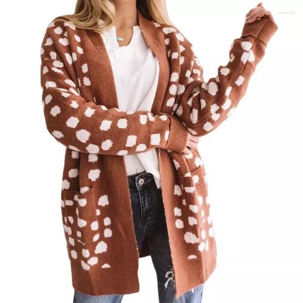 Frauen Strick Mode Lose Mid-Länge Pullover Strickjacke Mantel 2023 Herbst Winter Leopard Print Polka Dot Doppel Tasche frauen