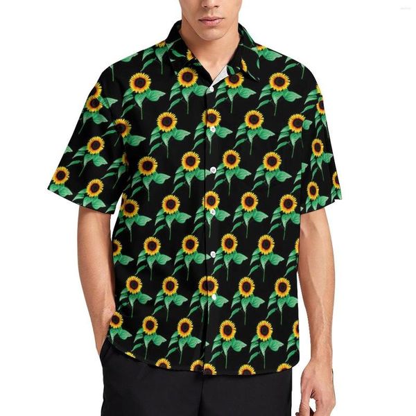 Camisas casuais masculinas Arte Girassol Solta Camisa Masculina Praia Natureza Estampa Floral Havaí Manga Curta Blusas Superdimensionadas Legal