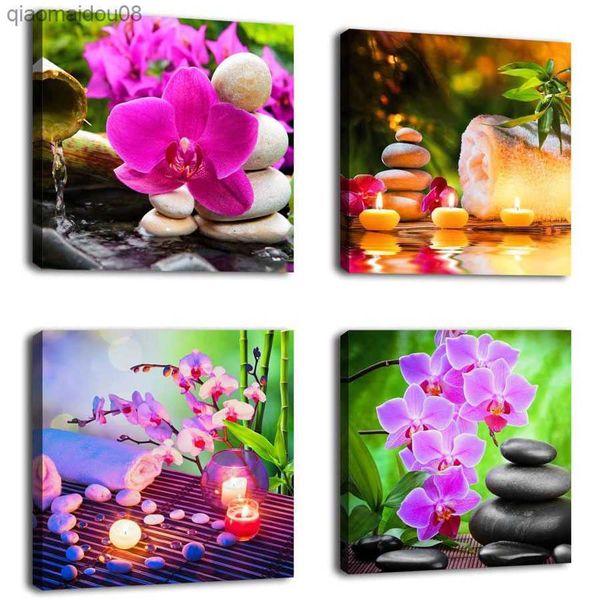 4 peças de pedra zen spa flores rosa pôsteres de banheiro lona fotos de arte de parede pinturas de decoração de casa para decoração de sala de estar l230704