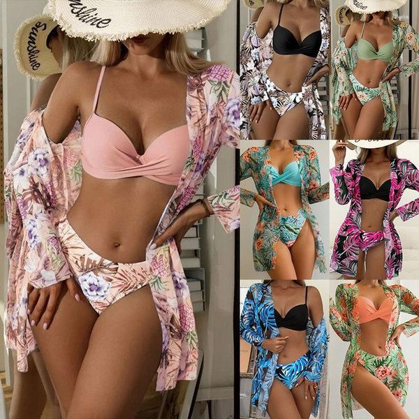 Roupa de banho feminina biquíni praia conjunto de três peças 2023 maiô verão feminino sexy multicolorido cintura alta malha estampada dividida