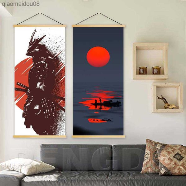 Resimler Nordic Scroll Modern Japon Samurai Duvar Sanat IC Tuval Poster Masif Ahşap Asma Boyama Baskı Ev ​​Dekorasyonu L230704