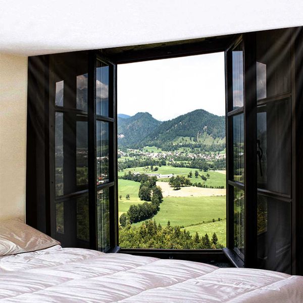 Tapeçarias de estilo europeu 3d janela cenário parede pendurado tapeçaria arte deco cobertor cortina pendurado em casa quarto sala de estar dez