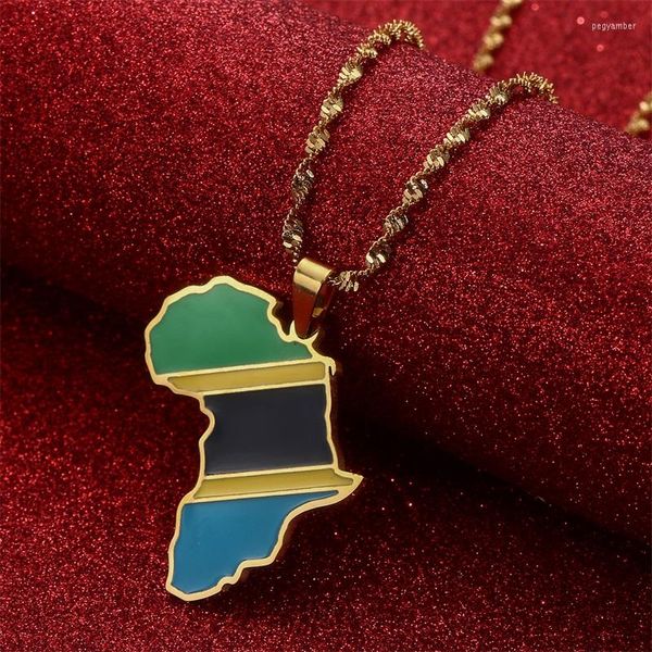 Anhänger Halsketten Afrika Karte Flagge Halskette Gold Farbe Edelstahl Tansania Afrikanischer Schmuck Geschenk