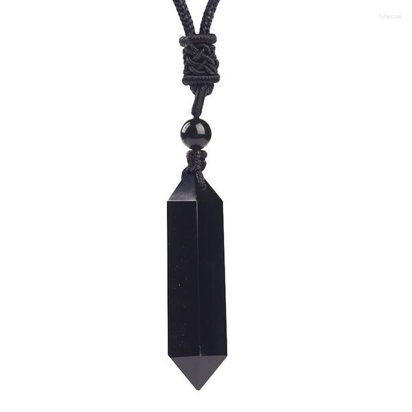 Подвесные ожерелья Черный обсидиан натуральный камень подвески гексагональный призму свитер ожерелье Безопасное для женщин для женщин Модные украшения
