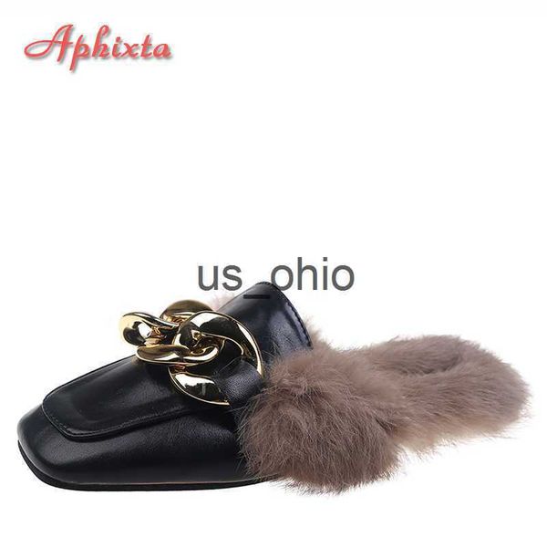 Pantofole Aphixta Inverno Grande catena Lunga vera pelliccia di coniglio Peluche Pantofole da donna Natura Scarpe pelose calde Punta quadrata Tacco piatto Scivoli per capelli J230712