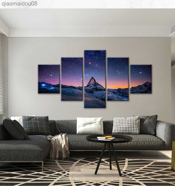 5-teiliges Sternennachthimmel-Wandbild, lila Stern-Skyline über dem Berg, Gemälde, Landschaftskunstwerk für moderne Heimdekoration, L230704