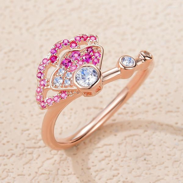 Cluster Rings Stylever Brilhante Zircão Rosa Pedra Preciosa Ouro Rosa Forma de Leque Para Mulheres Meninas Prata Esterlina 925 Jóias de Casamento de Qualidade Luxuosa