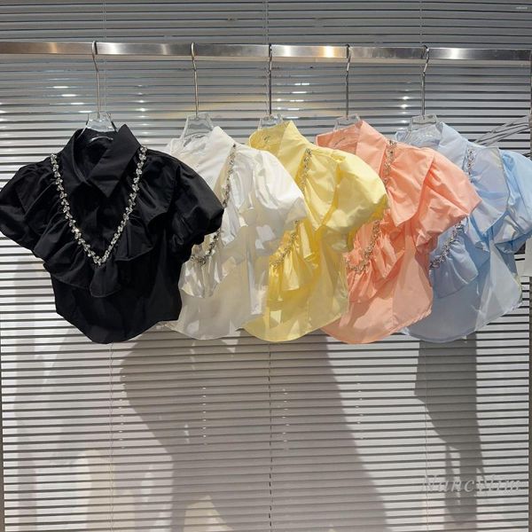 Kadın bluzları 2023 Yaz Kısa Bluz Kadın Klasik Stil Rhinestone Flounce Placket Sleeve Gömlek Y2K Üst Femme Düz Renk