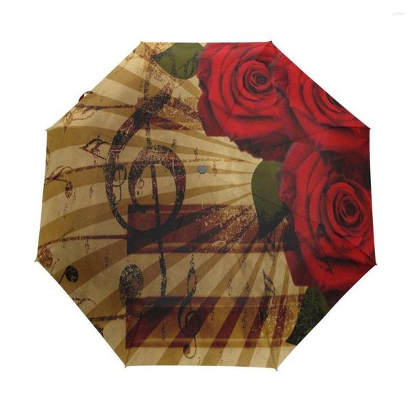 Şemsiye Özet Gül Müzik Özelleştirilmiş Tasarım Otomatik 3 Katlanır Şemsiye Kadınlar Yağmur Güneşi Koruma Şemsiyesi Varış