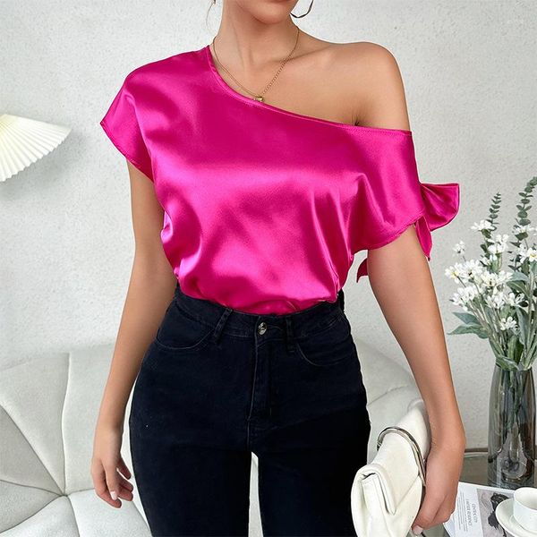 Blusas Femininas EBAIHUI Camisa Manga Curta Ombro Oblíquo Blusa Poliéster Solta Rosa Vermelha Tops Pulôver Decote Redondo T-shirt