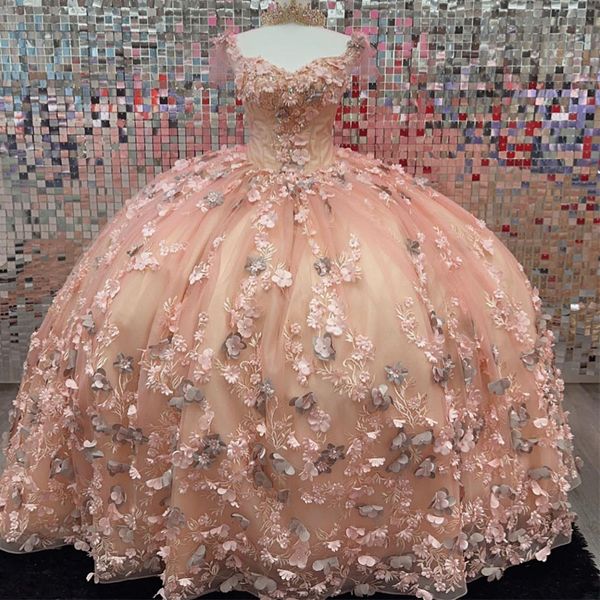 Baby Pink Quinceanera Abiti con spalle scoperte Crystal 3DFlower Pearls Princess Sweet 15 16 Dress Birthday Prom Gowns Lace Up