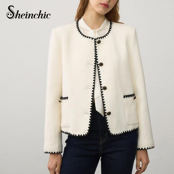 Jaquetas Femininas Clássico Branco Preto Patchwork Jaqueta Feminina 2023 Moda Coreana Elegante Curto Casaco de Lã Outono Inverno Roupas Outwear