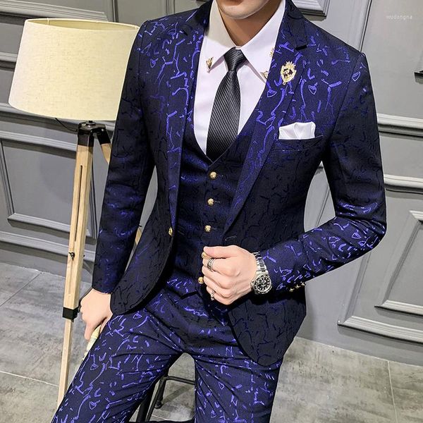Erkek Suit 2023 Erkekler Takımlar Setler En Son Ceket Pantolon Yelek Tasarım Elbisesi Floral İnce Damat Smokin Kraliyet Mavi Bordo