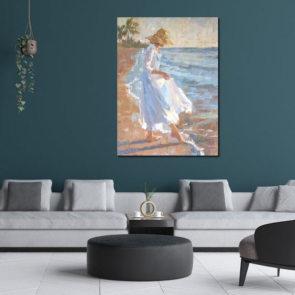 Grande quadro astratto su tela donna sulla spiaggia dipinto a olio dipinto a mano per la casa