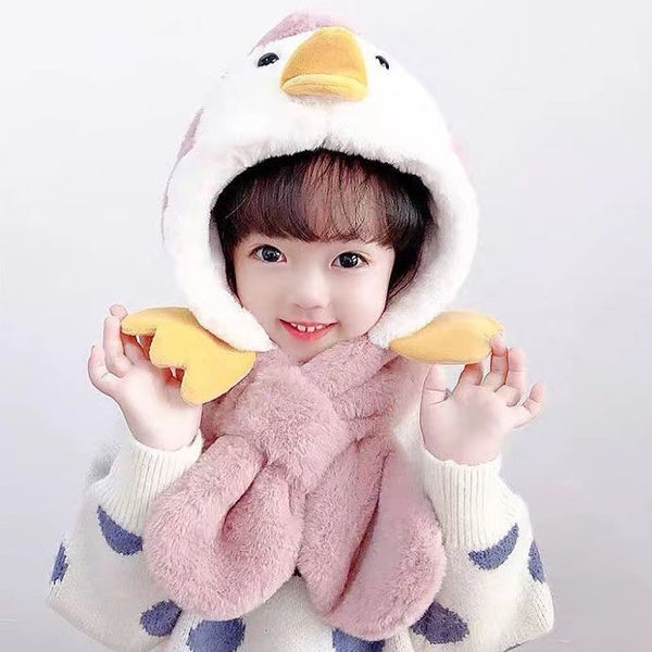 Conjunto de cachecol de chapéu infantil de inverno com duas peças para meninos e meninas, pinguim de desenho animado, gorro de pelúcia de patinho amarelo