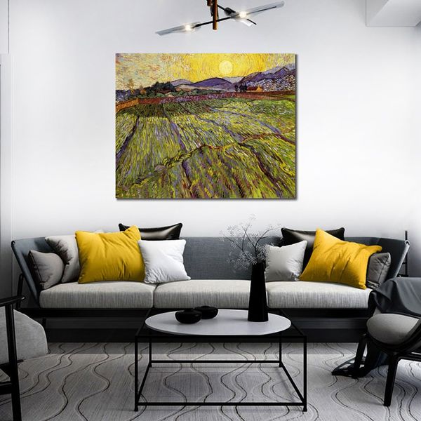 Handgefertigtes Kunstwerk auf Leinwand, geschlossenes Feld mit aufgehender Sonne, Vincent Van Gogh, Gemälde, Landschaften, Büro, Studio, Dekoration