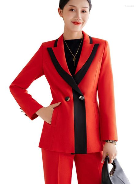 Женские брюки с двумя частями черно -красные полосатые женские костюмы блейзер Blazer Женская рабочая куртка и брюки женский формальный 2 набор для осени