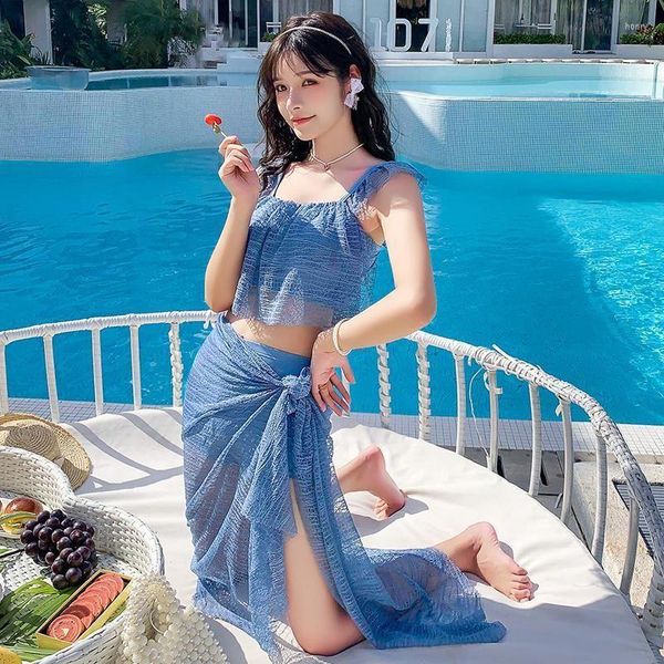 Damenbadebekleidung 2023 Sexy Koreanische Separate Mesh-Tops Dreiteiliger konservativer dünner Cover-Bauch-Frühlings-Bikini-Badeanzug