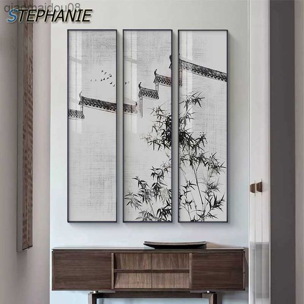 Chinese Ink Building Bamboo Canvas Painting Nordic Home Decoration Poster da parete e stampa Wall Art Picture Large Size Wall Decor L230704