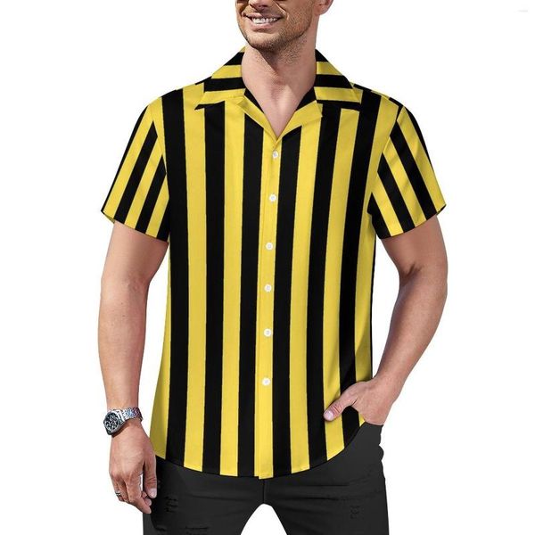 Camisas Casuais Masculinas Camisa Solta Listrada Vertical Homens Férias Preto e Amarelo Verão Personalizado Manga Curta Y2K Blusas Grandes