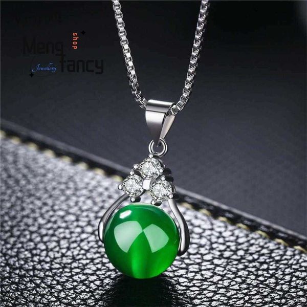 Colares com Pingente 925 Prata Natural Verde Jade Calcedônia Rodada Ágata Pingente Amuletos Mascotes Jóias Finas Presente Feminino Colar Personalizado de Luxo HKD230712