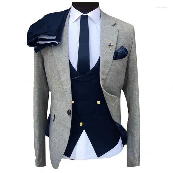 Ternos masculinos 3 peças slim fit masculino para casamento colete de peito duplo jaqueta cinza com calça azul royal noivo smoking moda cosatume