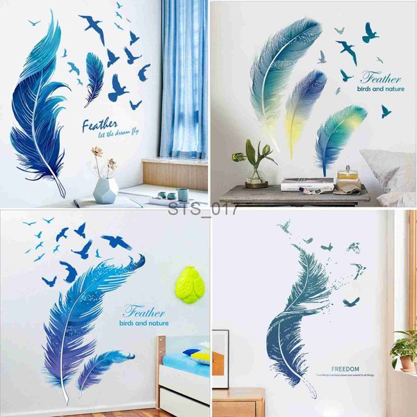 Outros adesivos decorativos criativos pássaros de penas azuis adesivos de parede decalque papel de parede autoadesivo pôsteres de arte cabeceira de quarto decoração móveis decoração x0712