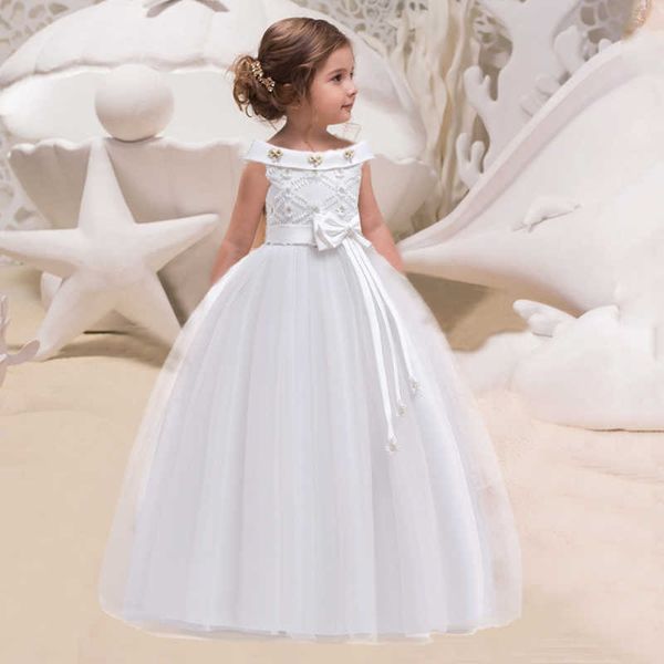 Mädchen Kleider Sommer Rosa Weiß Eine Schulter Lange Brautjungfer Kleid Mädchen Bogen Kleid Kinder Kleidung Für Kinder Prinzessin Party Hochzeit vestidosHKD230712