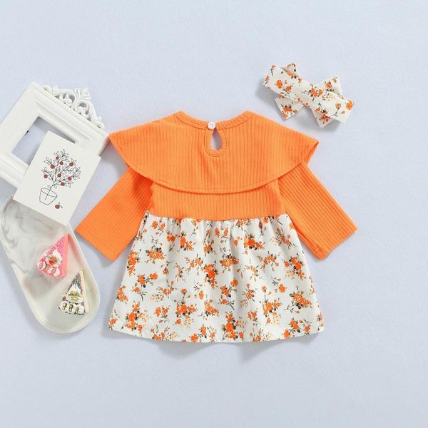 Kleidungssets Säuglingsgeborenes Baby Mädchen Kleid Set Langarm Schal Hals Blumendruck mit Schleife Stirnband 0-24M 2023 Mode