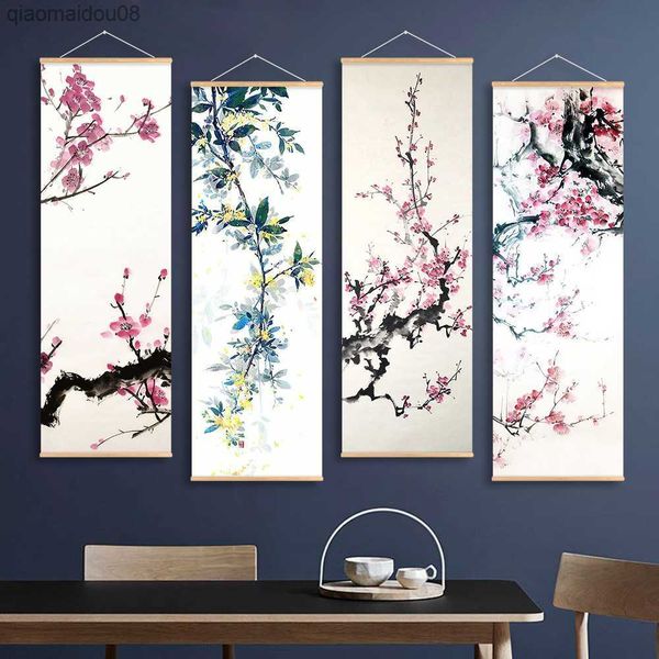 Pôster de flor de ameixa chinesa para pendurar em tela, pintura de pergaminho de parede de flor vintage para sala de estar, decoração de casa L230704