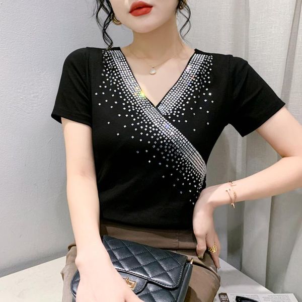 Camisetas femininas roupas para mulheres gráficas 2023 verão manga curta decote em V tops de malha de diamante blusas pretas