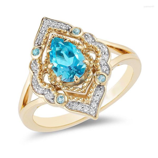 Hochzeit Ringe Luxus Weibliche Wasser Tropfen Kristall Ring Zierliche Gold Farbe Groß Für Frauen Vintage Aqua Blau Zirkon Engagement