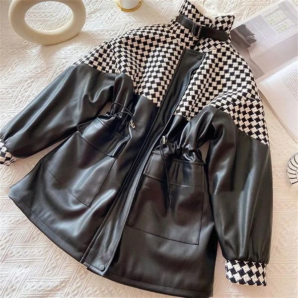 Frauen Leder 2023 Winter PU Mantel Frauen Fleece Futter Baumwolle gefütterte Jacken Patchwork Plaid Woolen Lose Parkas Verdicken warme Mantel