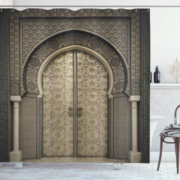 Duschvorhänge, marokkanischer Vorhang, gealtertes Tor, geometrisches Muster, Türdesign, Eingang, architektonischer orientalischer Stil, Badezimmer