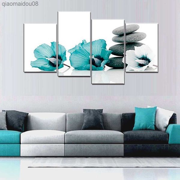 Imagens de arte de parede de lona floral grande azul-petróleo cinza e branco para decoração de parede de quarto estampas de flores arte de parede múltipla sala de jantar L230704