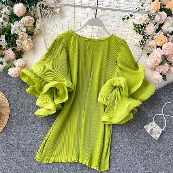 Damenblusen SuperAen Europäisches und amerikanisches Modedesign Dreidimensionale Flare-Ärmel Lose Korea-Stil Plissee-Chiffon-Bluse