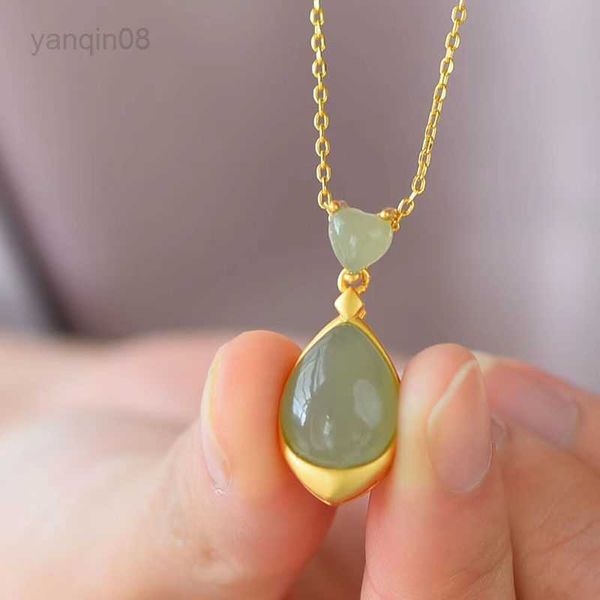 Colares com Pingente Gota de Água Natural Hetian Cinza Jade Clavícula Corrente Hotian Jade Colar com Pingente para Mulheres Colar de Personalidade Versátil Jóias HKD230712