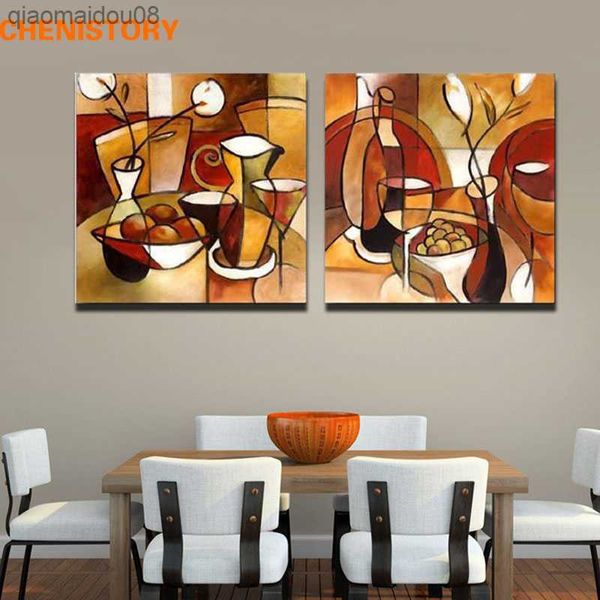 Unframamed 2 панель ручной работы цветочной чашки абстрактная современная масляная живопись на холст -домашнем декор для кухни стены искусство изображение L230704