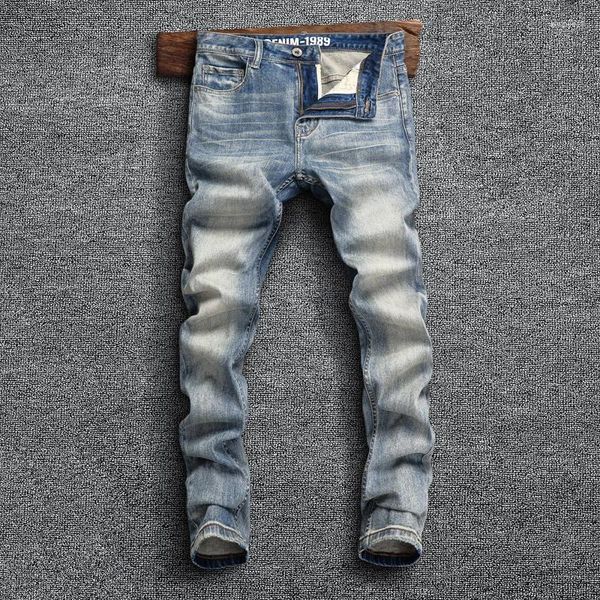 Jeans Masculino Moda Italiana Masculino Alta Qualidade Retro Azul Slim Fit Elástico Calças Rasgadas Calça Denim De Designer Vintage Hombre