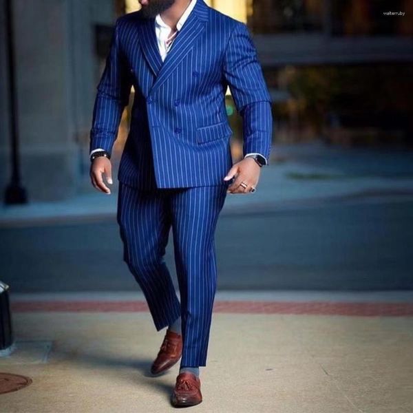 Мужские костюмы Royal Blue Pinstripe Men 2023 Plus Size Индивидуальные максимальные шкуры Double Breads Sward Grooms смокинг (брюки куртки)