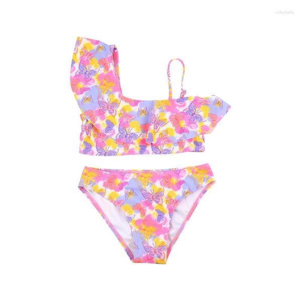 Damen Bademode One Shoulder Falbala Kinder Mädchen Kinder Bikini Set 2023 Schmetterlingsdruck Baby Badeanzug Sommer Strand Kind Biquini