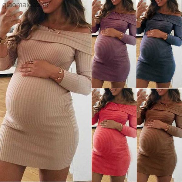 XXL Neue Umstandskleider Umstandsrock Einfarbiges One-Shoulder-Kleid für Schwangere Plus Size Sexy Schwangerschaftskleidung L230712