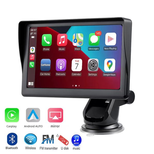 Tela sensível ao toque IPS de 7 polegadas, rádio do carro, reprodutor de vídeo sem fio, CarPlay, Android, monitor automático, com Google e Siri, assistente, BT, mão livre, painel, montado no para-brisa