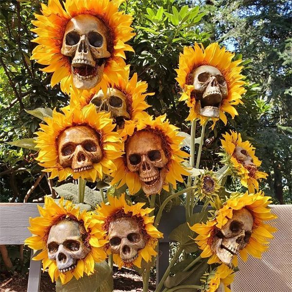 Outros artigos para festas de Halloween Girassol Caveira Decoração de jardim ao ar livre Ornamento de estátuas de flores falsas 230712CJ