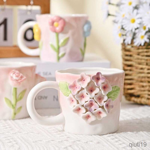 Кружки с рельефной кружкой цветочной керамический кофейная чашка трехмерная розовая вода чашка кофейная кружка