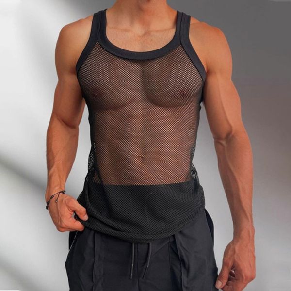 Regatas Masculinas Colete Masculino Mesh Undershirt Gay Clothing Shirt Transparente Transparente Sem Mangas T Shirts Sexy Underwear Top 230711