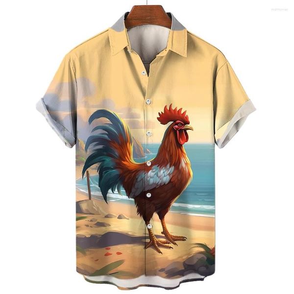 Camisas casuais masculinas Beach Chicken estampadas manga curta camisa de verão Harajuku oversized tops roupas diárias camisetas havaianas