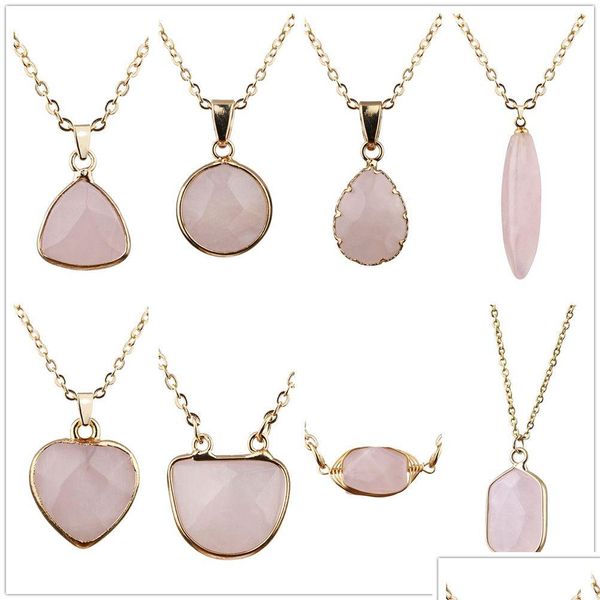 Collane con ciondolo 8 Stili Pietra naturale Quarzo rosa rosa Collana a forma di cuore rotondo per gioielli da donna Pendenti con consegna a goccia Dh6Ax